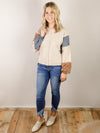 Taupe Pullover with Mixed Plaid Sleeve