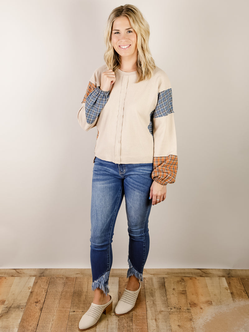 Taupe Pullover with Mixed Plaid Sleeve