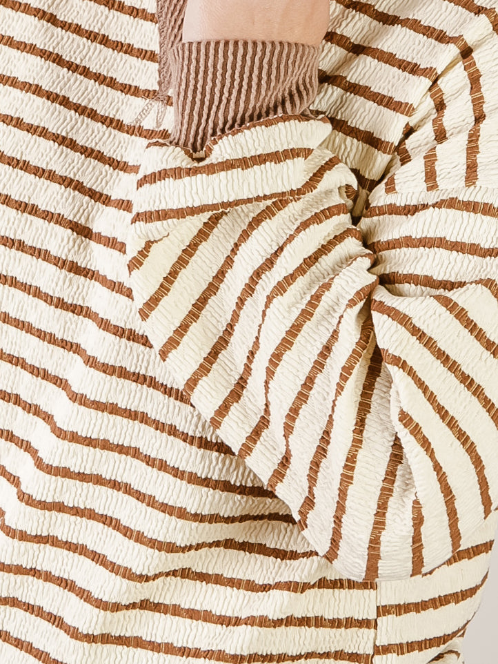 Cream and Tan Striped Textured Crewneck Top