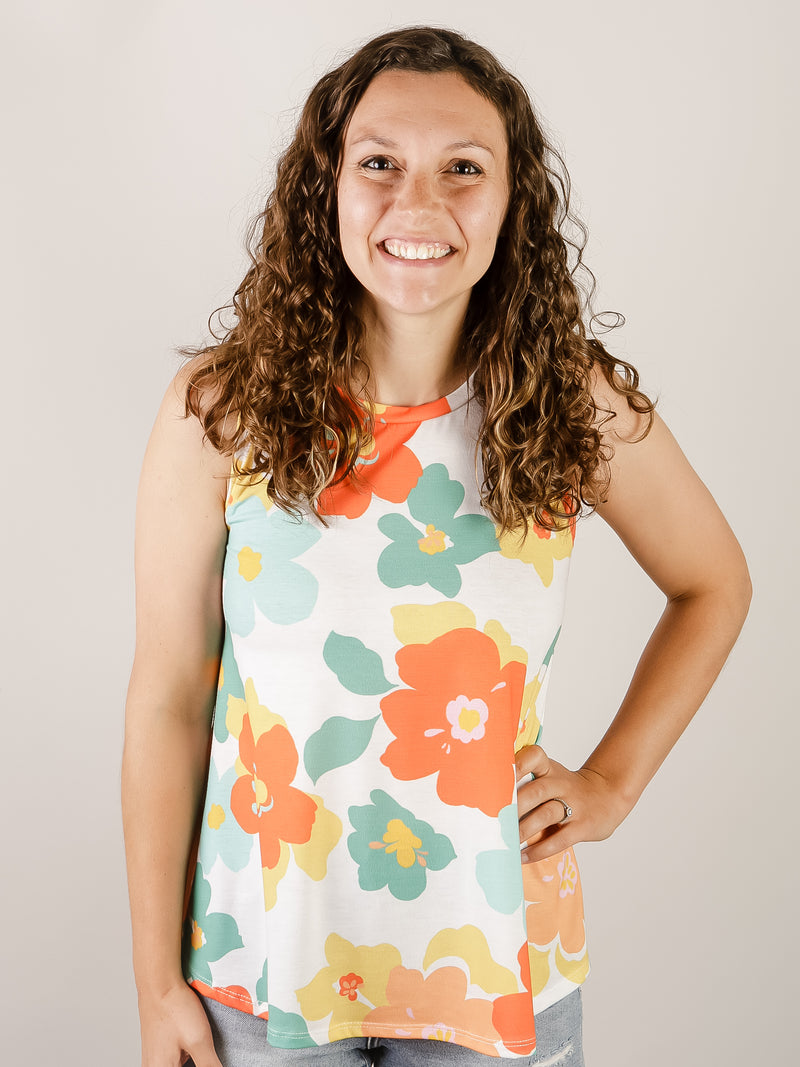 Bright Orange Floral Knit Tank