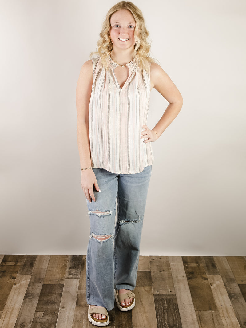 Pink and Natural Vertical Striped Sleeveless Top