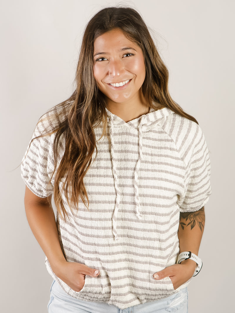 Cream and Taupe Short Sleeve Hooded Top