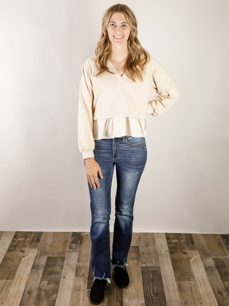 Layered Ruffled Botton Beige Sweatshirt