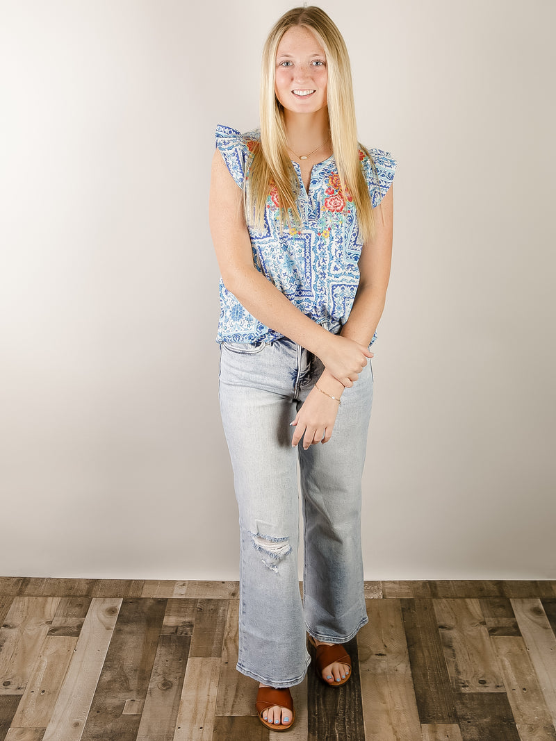 Royal Blue Print Top with Embroidery