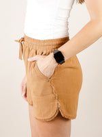Camel Frayed Hem Mini Shorts