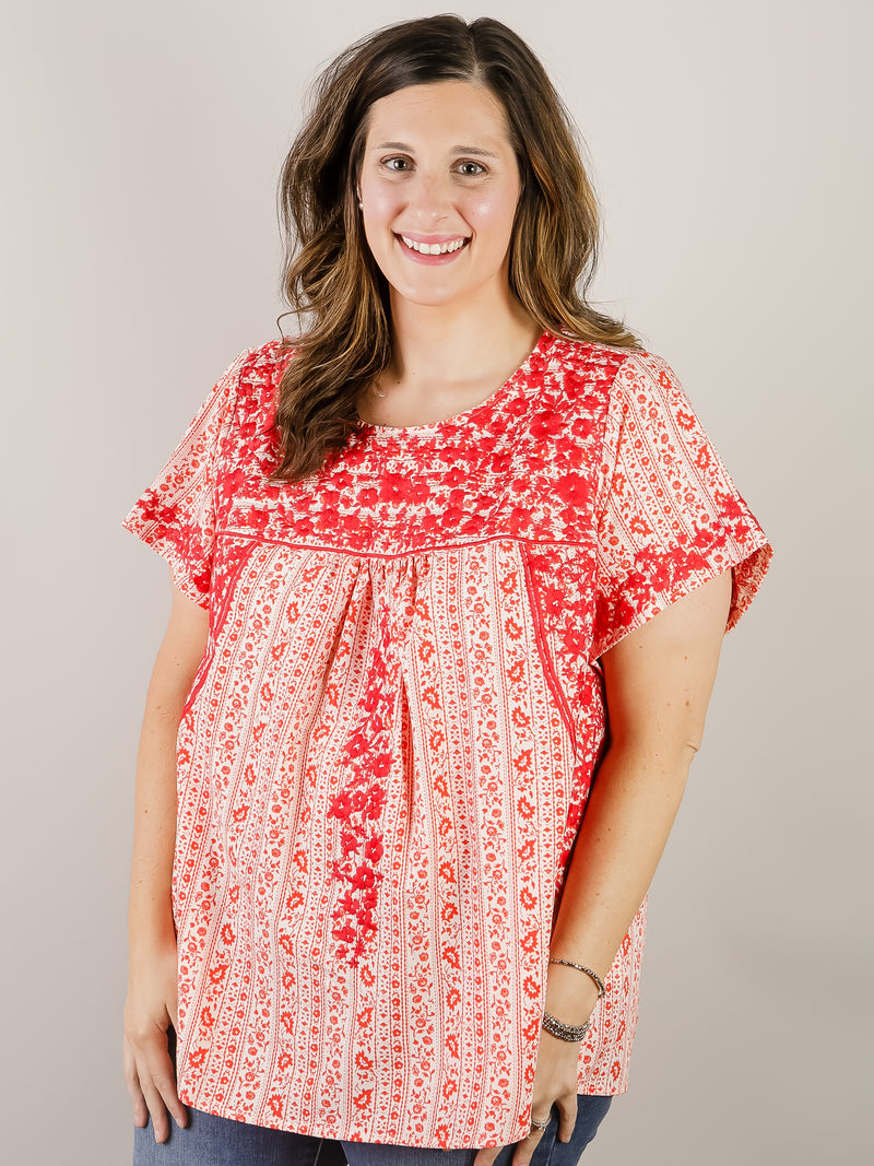 Curvy Red Embroidered Blouse