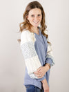 Blue French Terry Top with Lace and Floral Sleeve