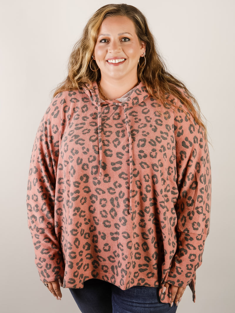 Curvy Rust Leopard Print Hooded Top