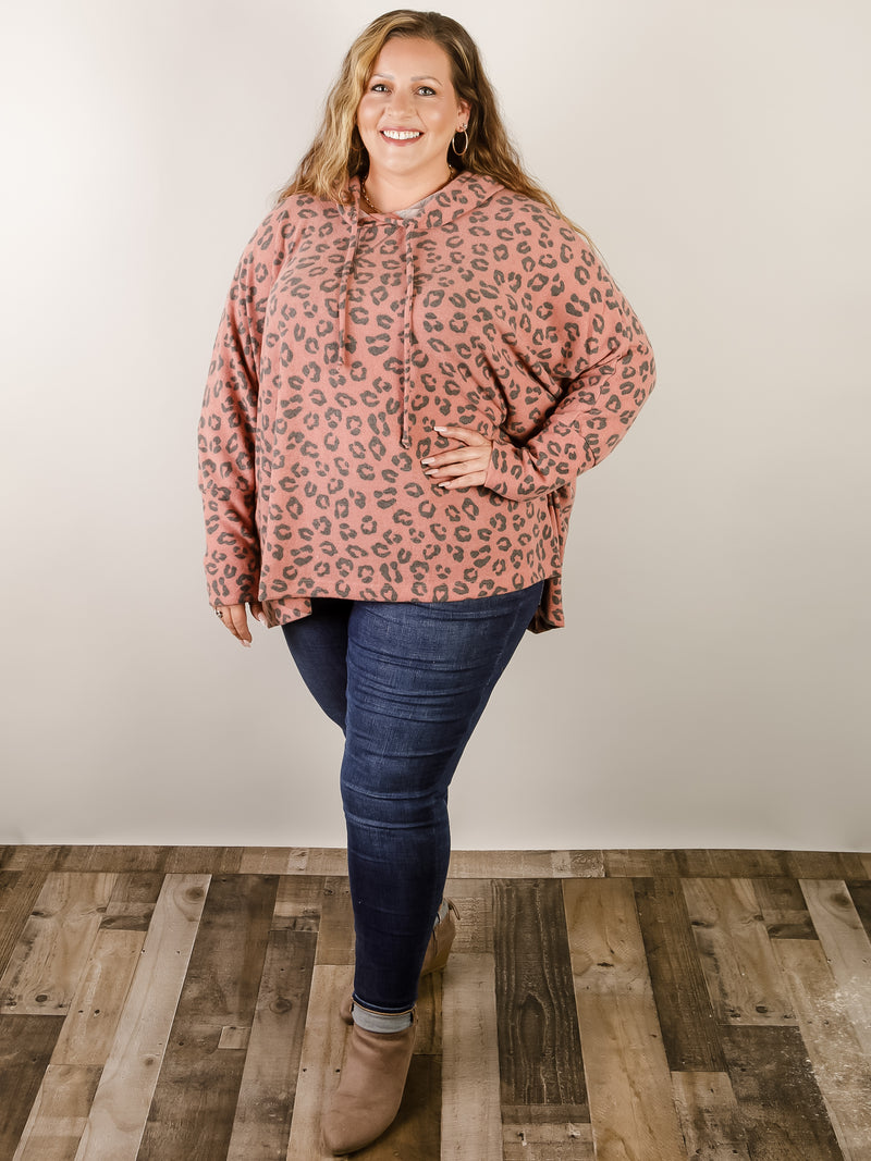 Curvy Rust Leopard Print Hooded Top