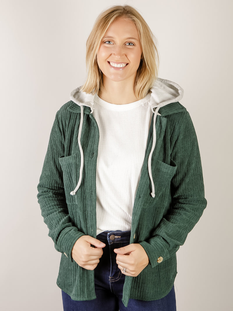 Hunter Green Corduroy Hooded Shacket