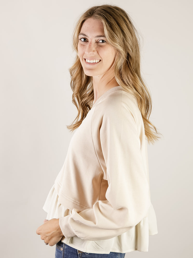 Layered Ruffled Botton Beige Sweatshirt