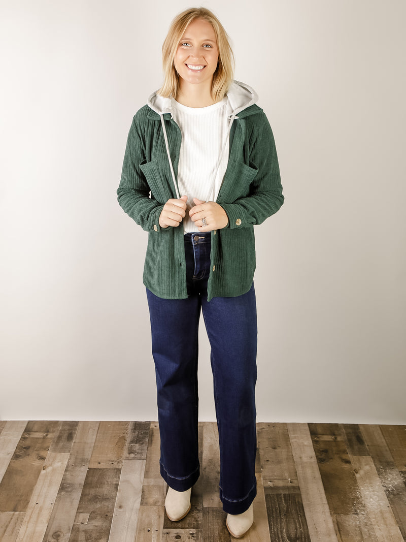 Hunter Green Corduroy Hooded Shacket