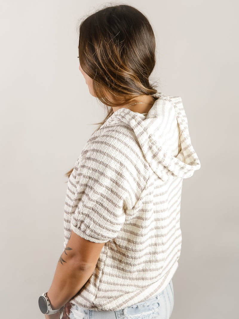 Cream and Taupe Short Sleeve Hooded Top