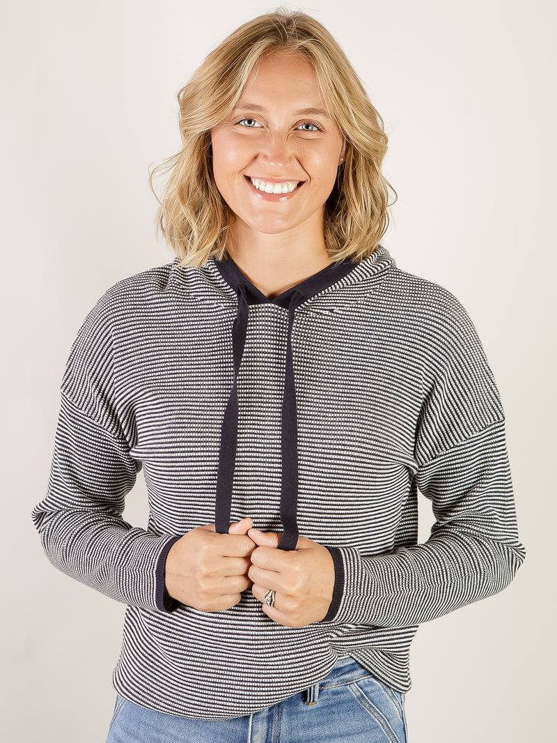 Navy Waffle Textured Striped Hooded Sweater