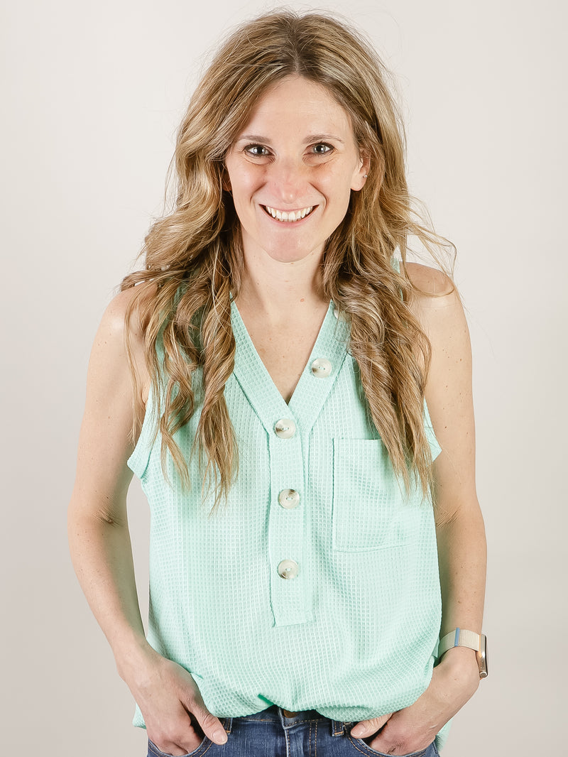 Sleeveless Mint Waffle Button Top