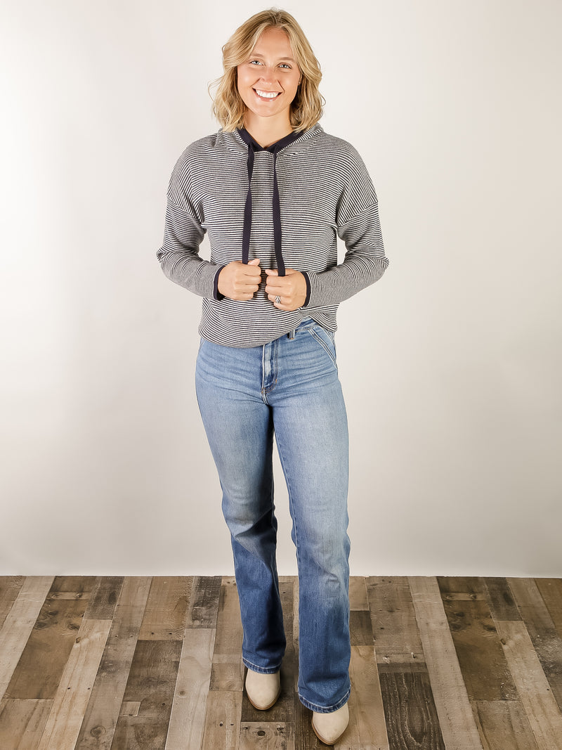 Navy Waffle Textured Striped Hooded Sweater