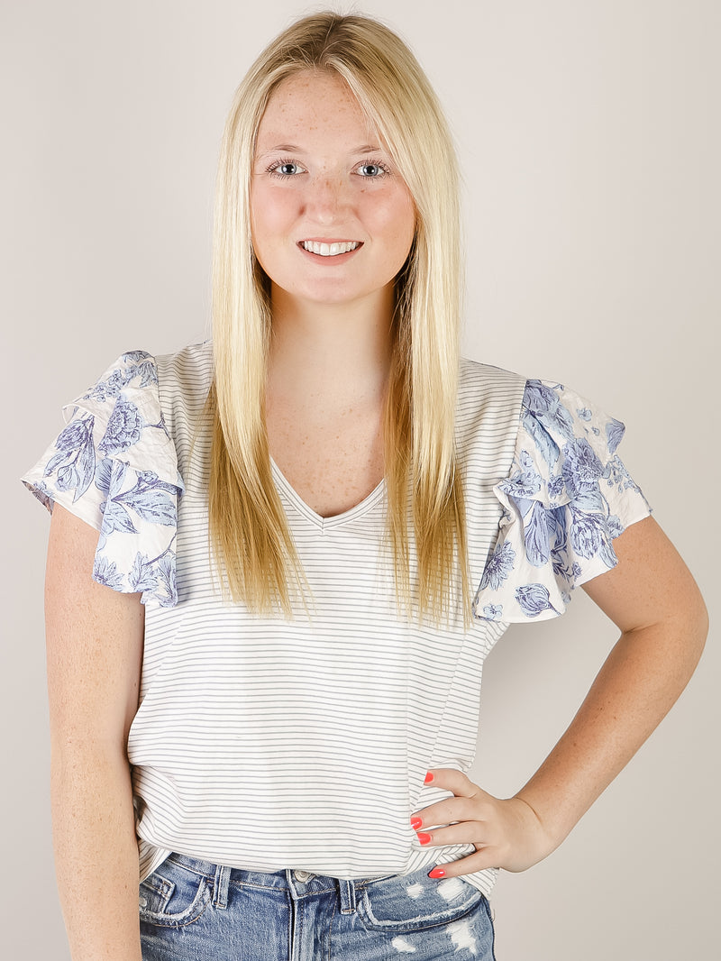 Striped Tee with Blue Floral Ruffled Sleeve