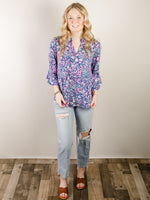 Navy Floral Wrinkle Free Top with Bell Sleeve