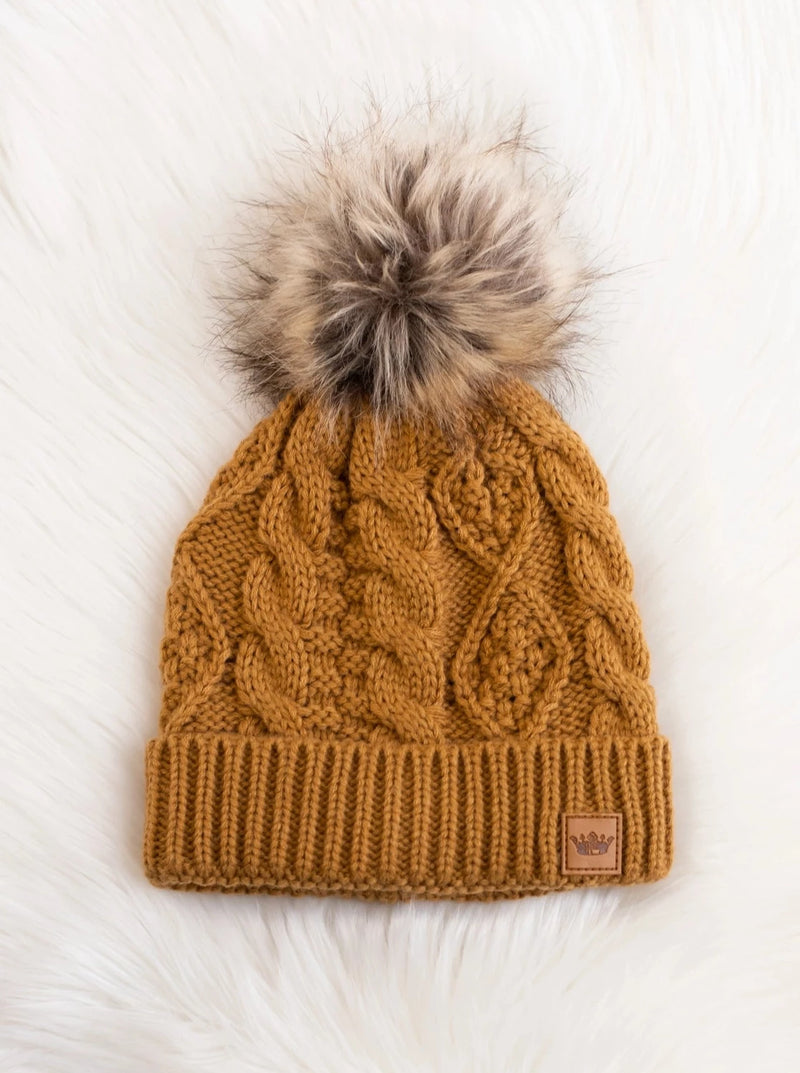 Camel Cable Knit Hat with Natural Pom