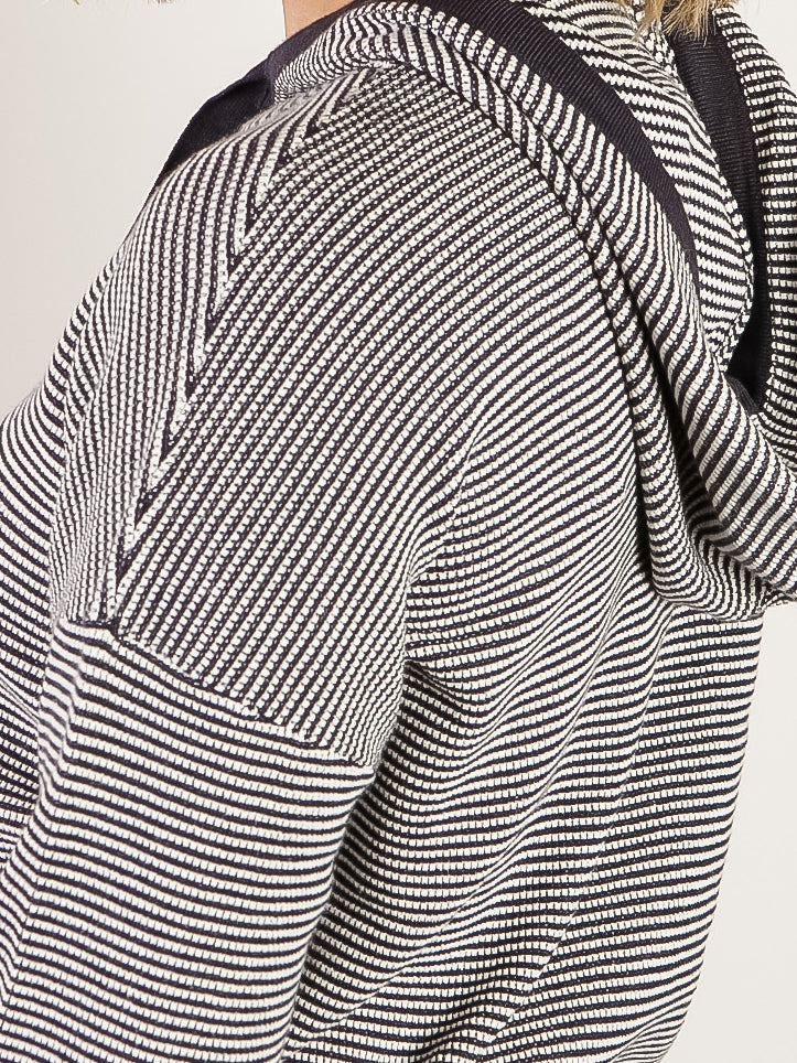 Navy Waffle Textured Striped Hooded Sweater