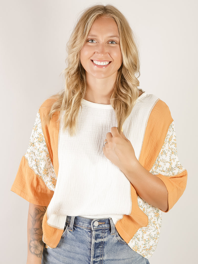 Apricot Ditsy Floral Color Block Tee