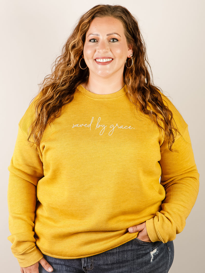 Heather Mustard Saved By Grace Graphic Sweatshirt