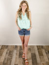 Sleeveless Mint Waffle Button Top