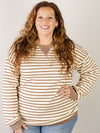 Curvy Cream and Tan Striped Textured Crewneck Top
