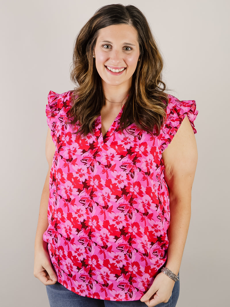 Fuchsia Floral Print Sleeveless Blouse