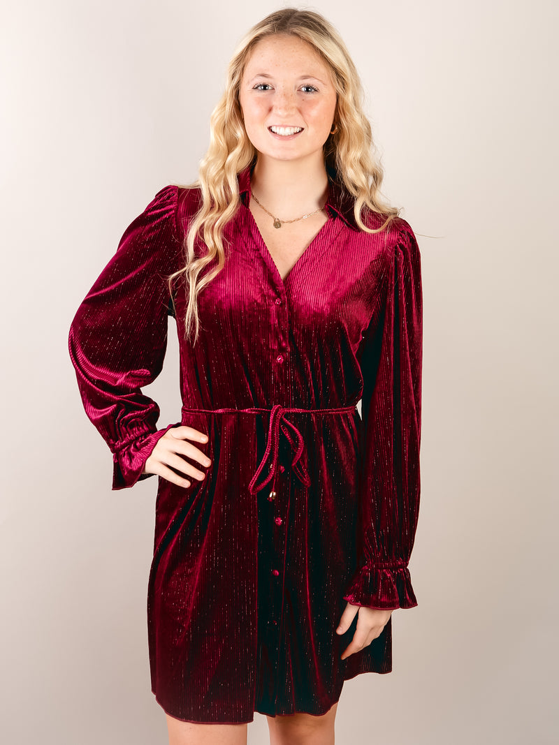 Wine Velvet Shirt Dress