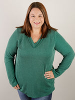 Curvy Hunter Green Ribbed Vneck Long Sleeve