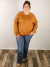 Curvy Camel Pullover with Embroidered Sleeve