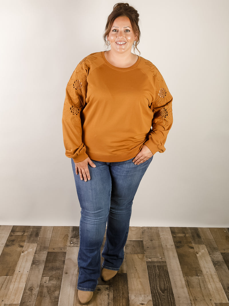 Curvy Camel Pullover with Embroidered Sleeve
