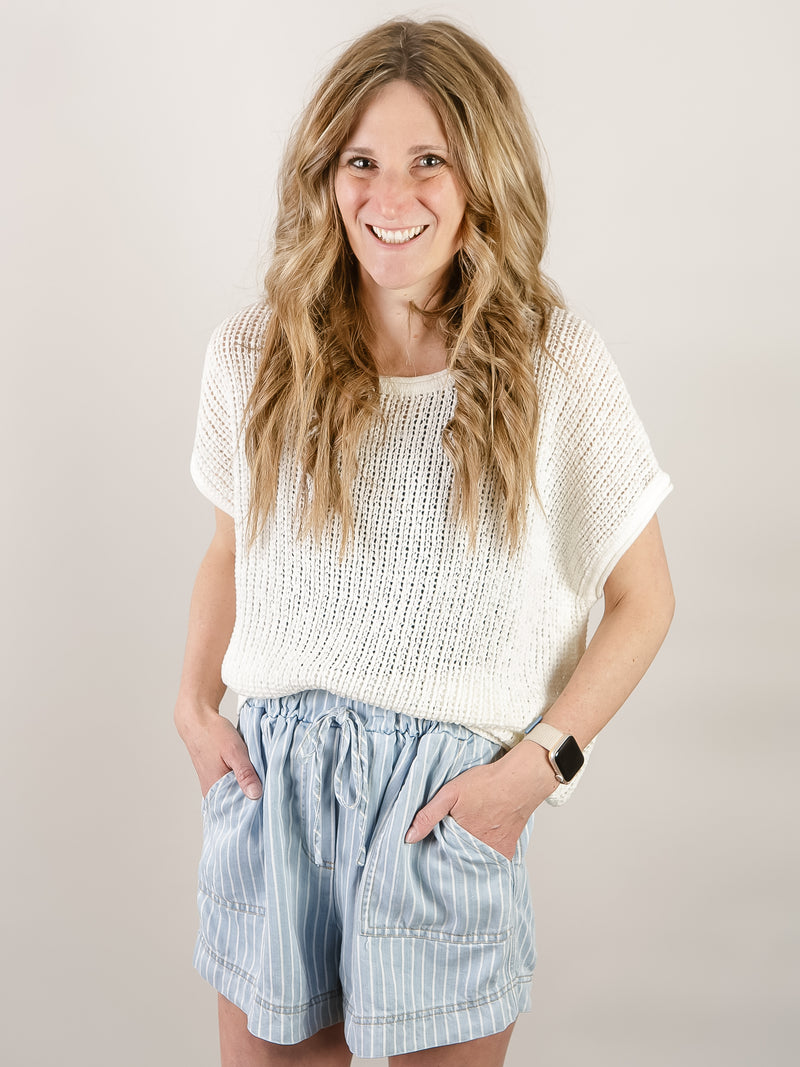 Cream Crochet Knit Short Sleeve Sweater