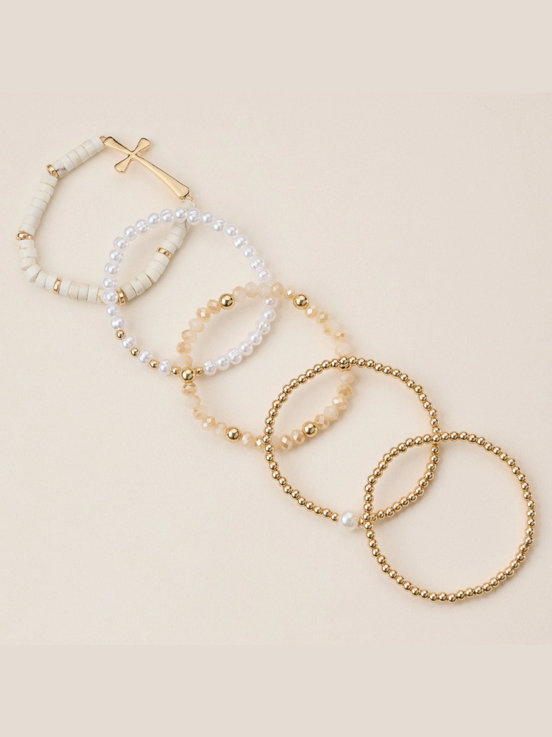 Faith & Cross & Pearl Stretch Bracelet Stack Set (Multiple Colors)
