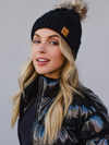 Black Cable Knit Hat with Natural Pom