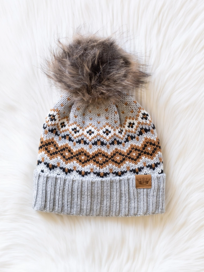 Gray, Camel & Black Patterned Pom Hat