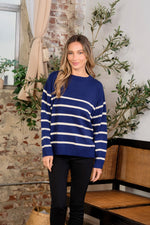 Navy and Ivory Striped Round Neck Sweater (Online Exclusive)