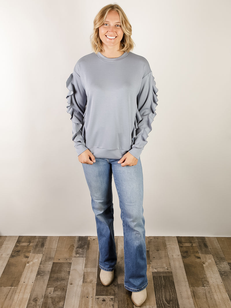 Blue Ruffled Sleeve Crewneck Longsleeve