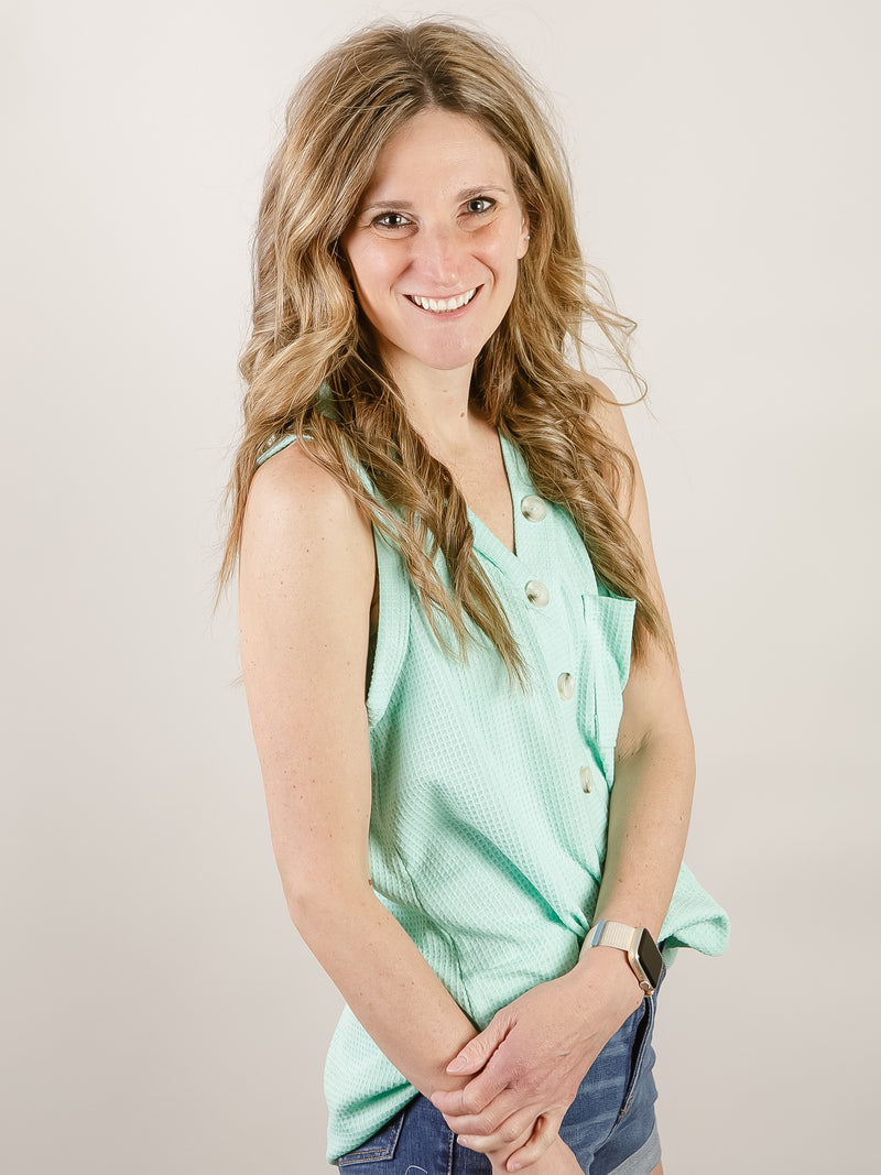 Sleeveless Mint Waffle Button Top
