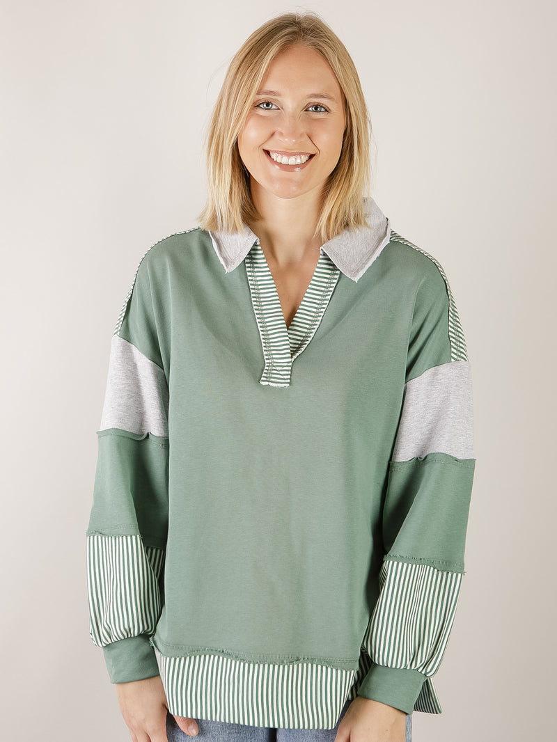 Sage Color Blocked Collared Long Sleeve