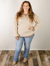 Curvy Cream and Tan Striped Textured Crewneck Top