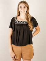 Black with White Embroidered Top