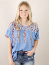 Blue Woven Fabric Embroidered Top