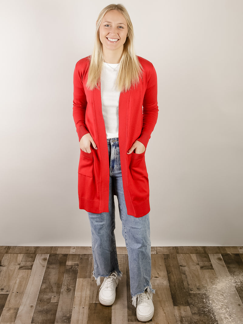 Red Long Sleeve Basic Sweater Cardigan