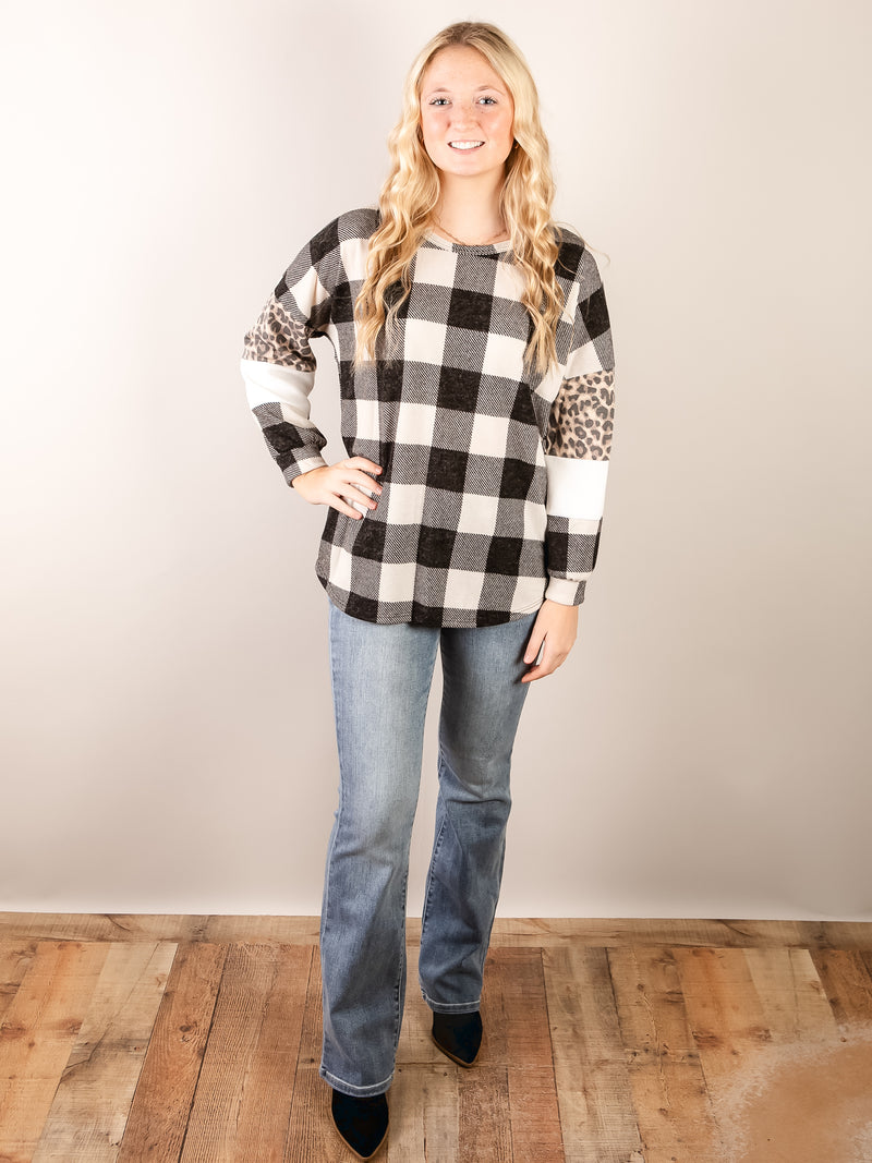 Black and White Plaid with Animal Print Long Sleeve