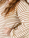 Curvy Cream and Tan Striped Textured Crewneck Top