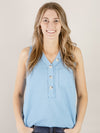 Sleeveless Ocean Blue Waffle Button Top