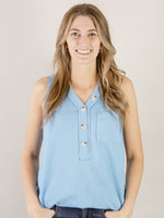 Sleeveless Ocean Blue Waffle Button Top