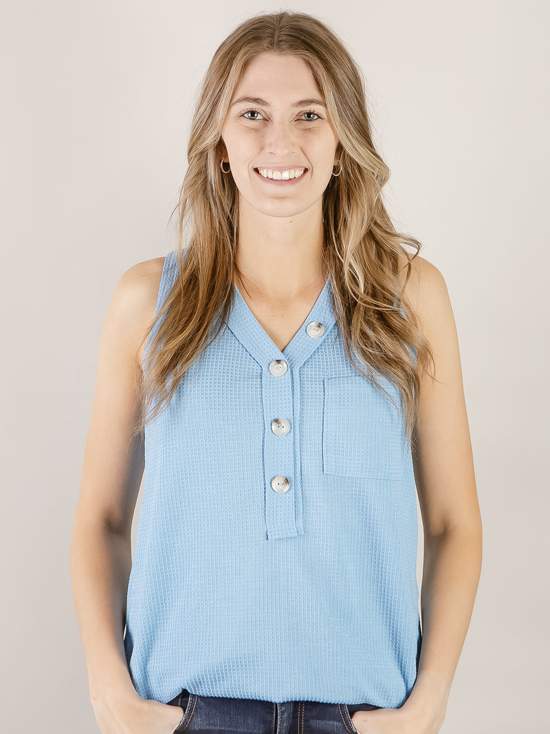 Sleeveless Ocean Blue Waffle Button Top